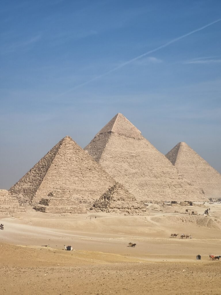 The Great Pyramids of Giza in the desert landscape