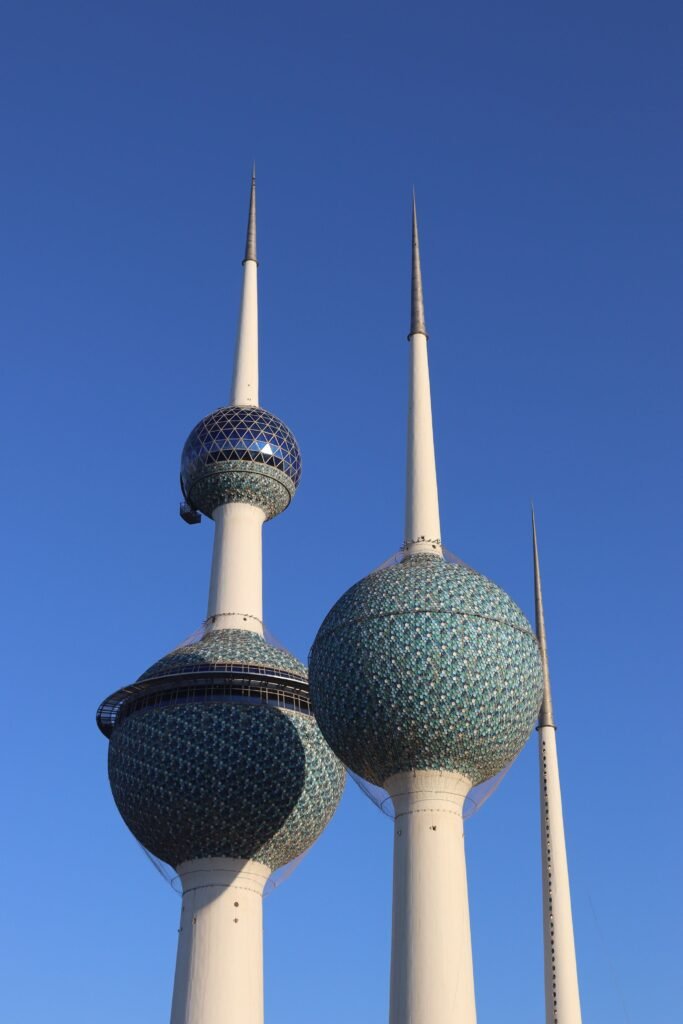 Kuwait Towers against a bright blue sky